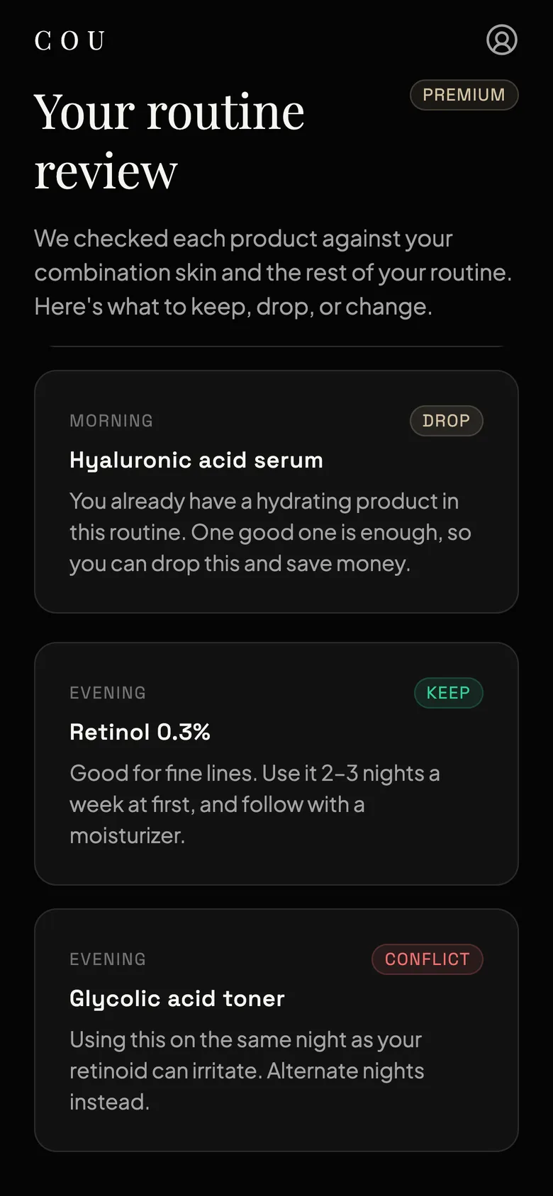 COU routine review with keep, drop and conflict verdicts
