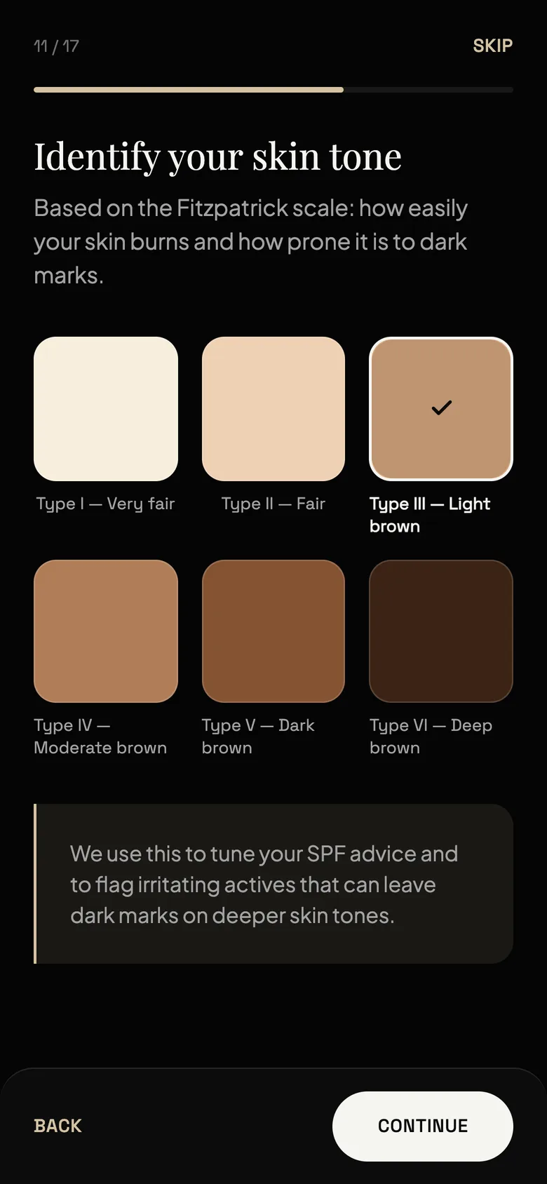 COU questionnaire: identify your skin tone